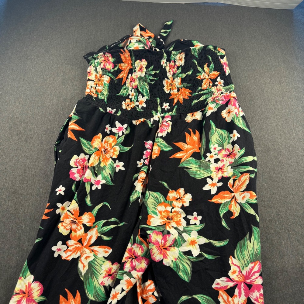 No Boundaries Womens XXL Tropical Floral Strapless Wide Leg Jumpsuit Black Pink - Picture 8 of 10